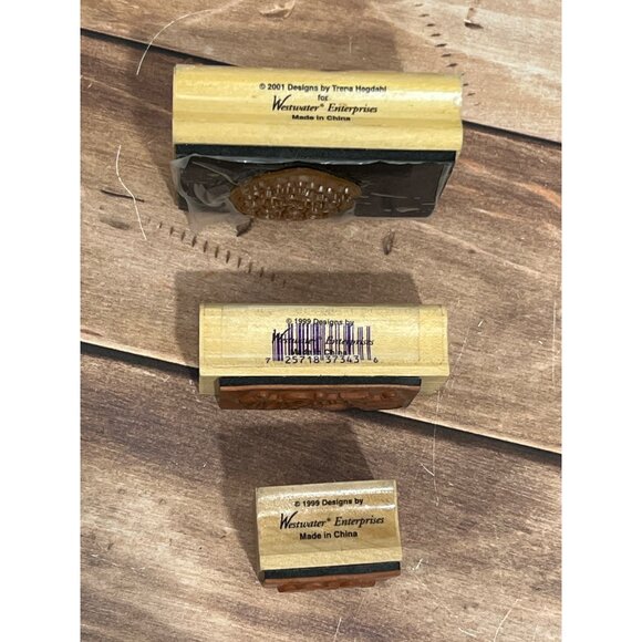 VINTAGE SET OF 3 WOOD MOUNT RUBBER STAMPS SANTA ORNAMENT MISTLETOE BY WESTWATER - Picture 3 of 6